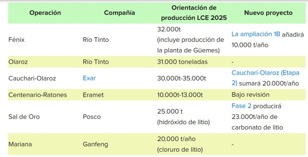 Proyectos de litio en Argentina. Producción prevista en 2025